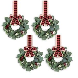 4PACK Mini Christmas Faux Kitchen Cabinet Wreaths with Red Black Plaid Ribbon...